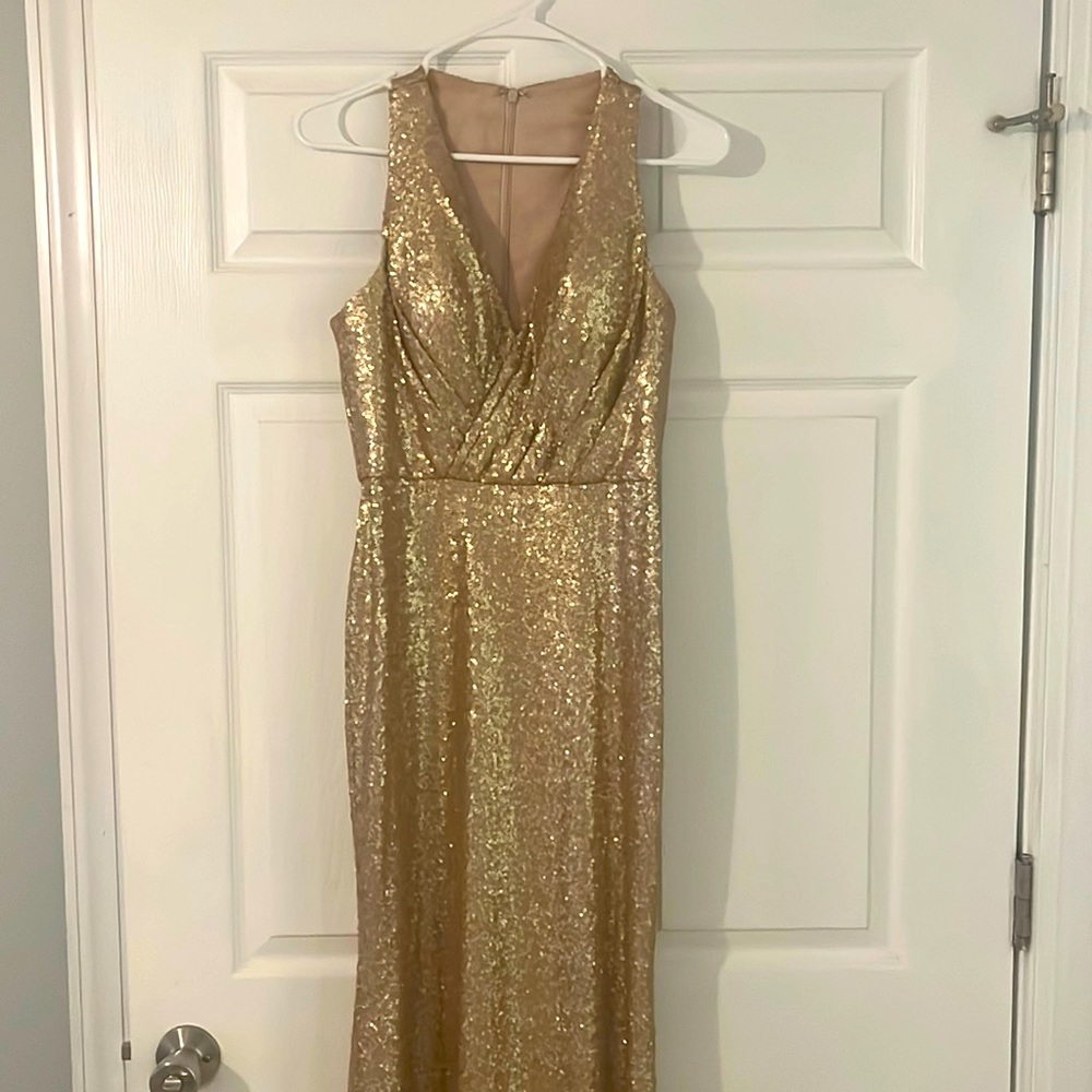Gold Bari Jay Deep V Bridesmaid dress